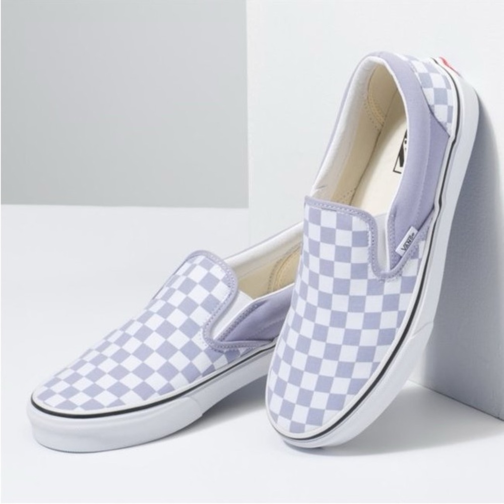 Vans Slip-On Checkerboard Sneakers in Lavender and White